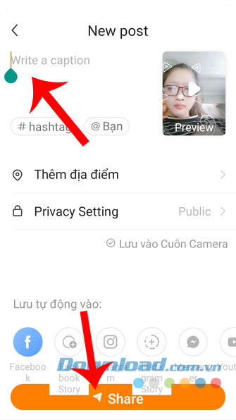 Viết Caption và nhấn Share