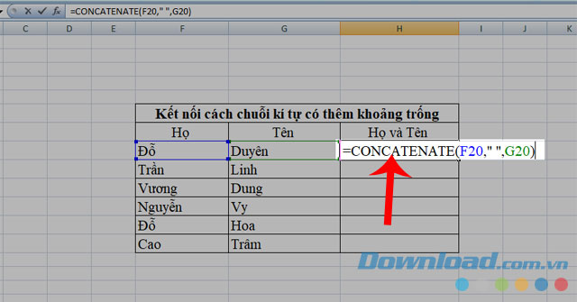 Nhập cú pháp kết nối các chuỗi kí tự có thêm khoảng trắng