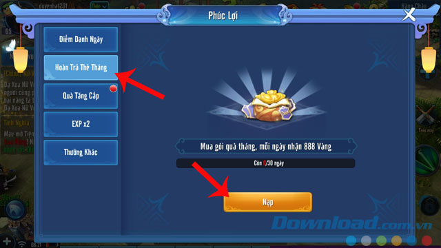 Nhấn vào nút Hoàn trả thẻ tháng và Nạp