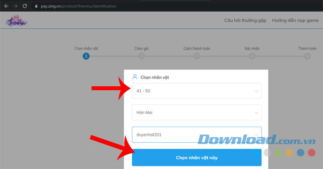 Chọn cụm máy chủ, tên máy chủ, tên nhân vật