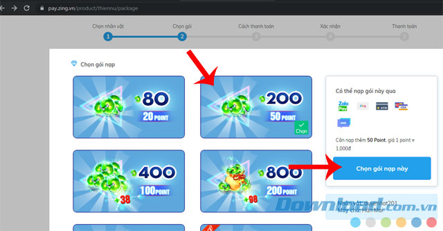 Chọn giá trí nạp thẻ