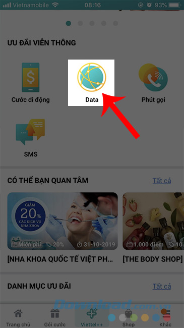Chọn vào biểu tượng Data