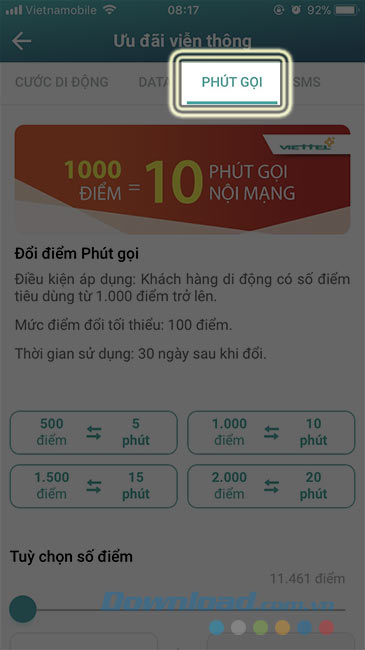 Chọn vào Phút gọi 