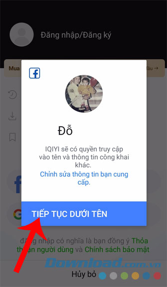 Nhấn nút Tiếp tục dưới tên