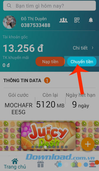 Nhấn nút Chuyển tiền