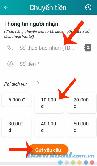 Nhập số điện thoại và số tiền chuyển