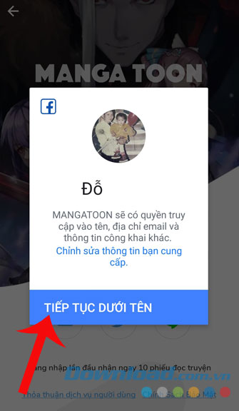 Ấn vào nút Tiếp tục dưới tên