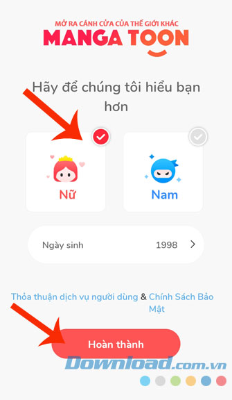 Chọn giới tính và đặt ngày sinh 