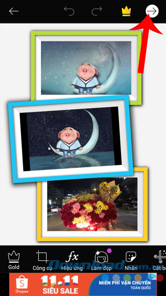 Nhấn vào biểu tượng mũi tên