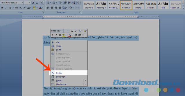Nhấn vào mục Font