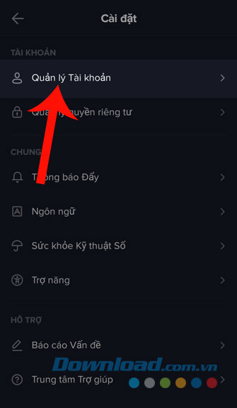 Nhấn vào mục Quản lý tài khoản