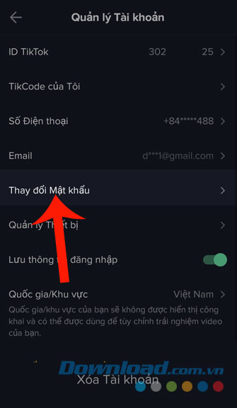 Nhấn vào mục Thay đổi mật khẩu