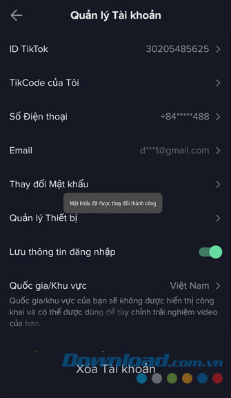 Mật khẩu thay đổi thành công