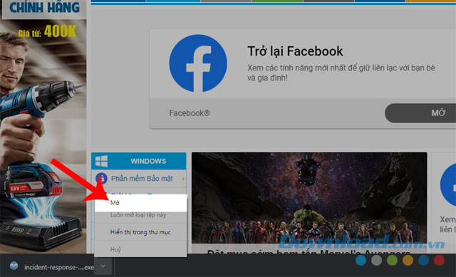 Mở file đã tải về