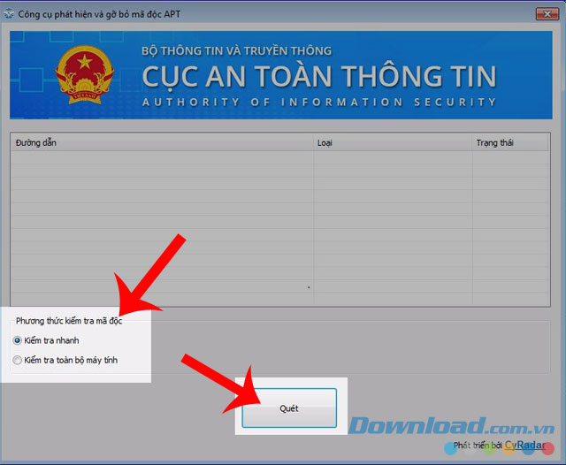 Chọn Phương thức kiểm tra mã độc và ấn nút Quét