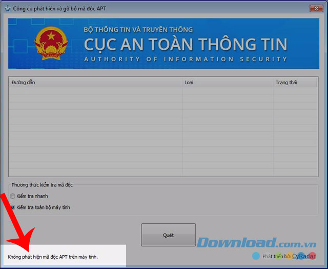 Hiện thông báo "Không phát hiện mã độc APT trên máy tính"