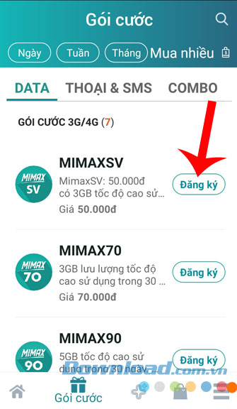 Các gói cước được hiển thị lên màn hình