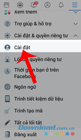 Chọn mục Cài đặt