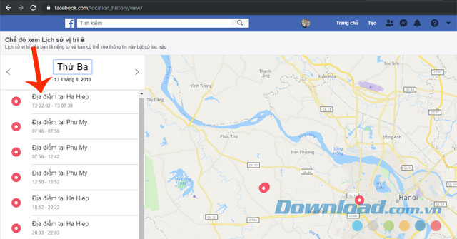 Lịch sử vị trí của ngày mà mình muốn xem