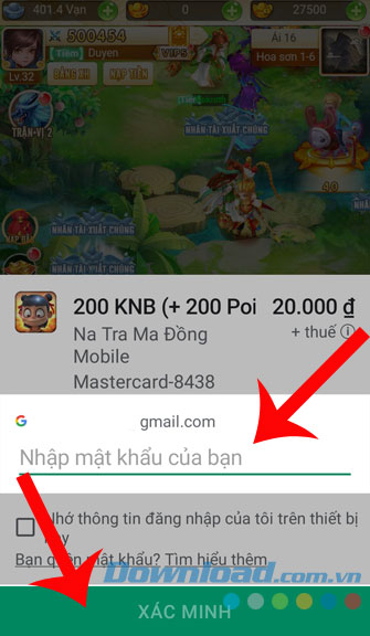 Nhập mật khẩu Email và ấn nút Xác minh