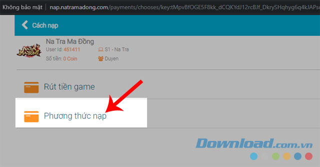 Nhấn vào mục Phương thức nạp