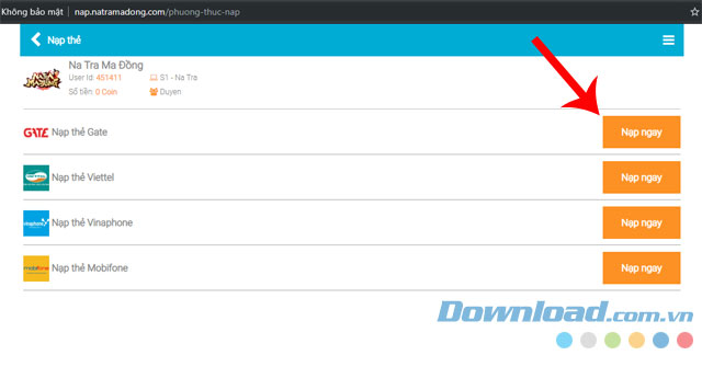 Chọn loại thẻ nạp