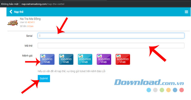 Nhập số Serial, Mã thẻ và chọn mệnh giá của thẻ