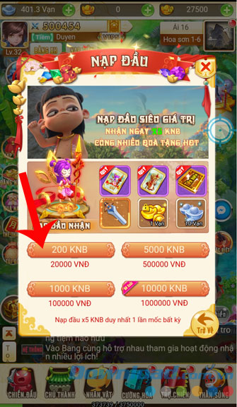 Nhấn nút chứa giá trị nạp