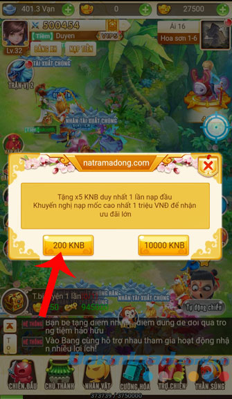 Nhấn vào nút chứa giá trị nạp