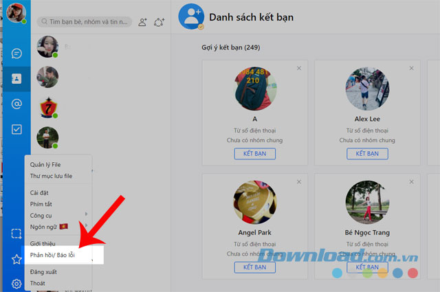 Ấn vào mục Phản hồi/Báo lỗi