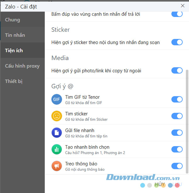 Các tùy chọn trong cài đặt tiện ích 2