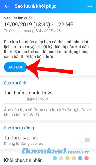 Sao lưu dữ liệu trong Zalo