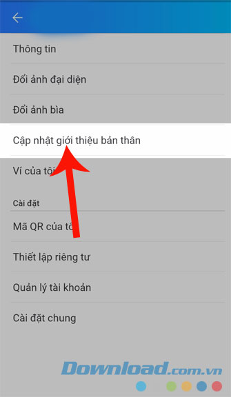 Nhấn vào mục Cập nhật giới thiệu bản thân