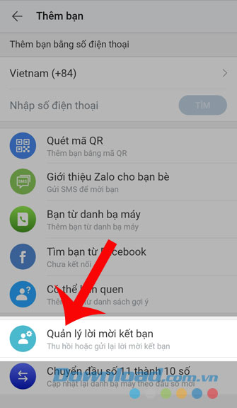Nhấn vào mục Quản lý lời mời kết bạn