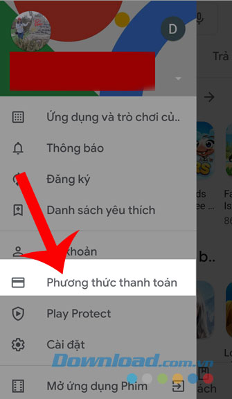 Ấn vào mục Phương thức thanh toán