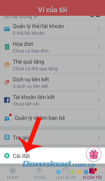 Nhấn vào mục Cài đặt