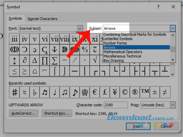 Chọn Arrows tại mục Subset