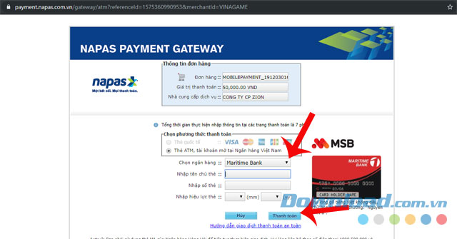 Điền đầy đủ thông tin của thẻ ATM và ấn nút Thanh toán
