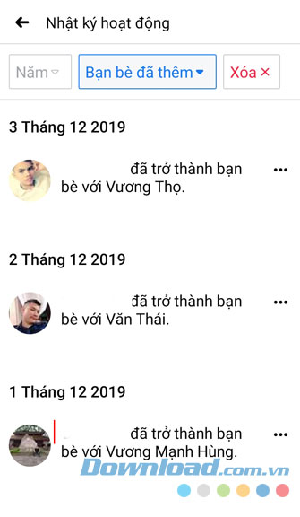 Danh danh những người mới kết bạn được hiển thị lên