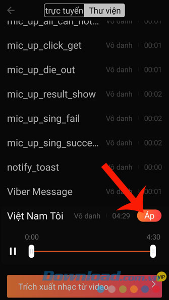 Chọn bài hát và nhấn nút Áp
