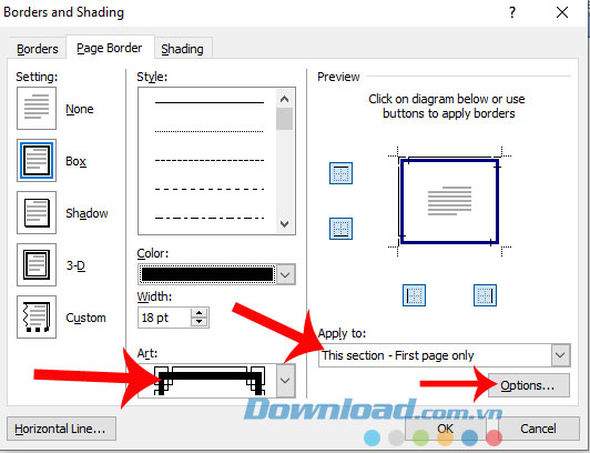 Chọn kiểu khung viền và nhất nút Options