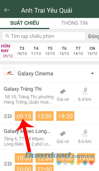 Chọn rạp chiếu phim và xuất chiếu