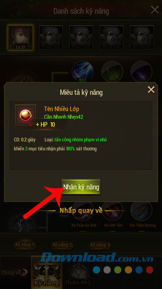 Bấm nút Nhận kỹ năng