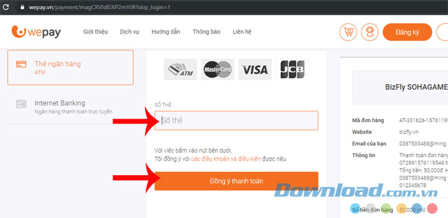 Điền số thẻ ATM và ấn nút Đồng ý thanh toán