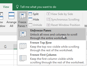 Bỏ đóng băng bảng trong Excel