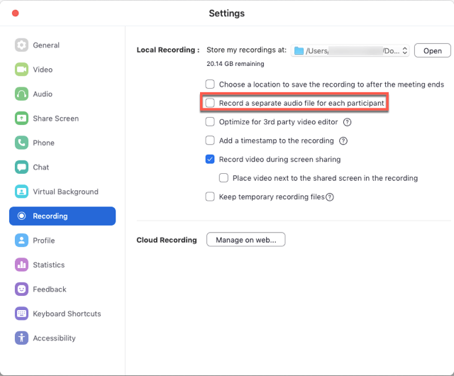 Bật Record a seperate audio file for each participant