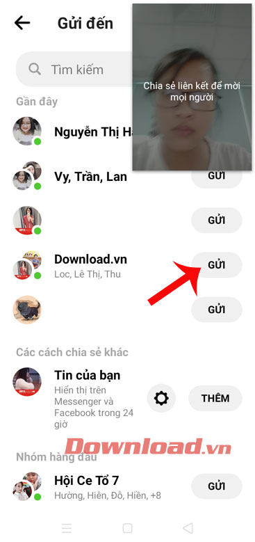 Chọn nơi chia sẻ link