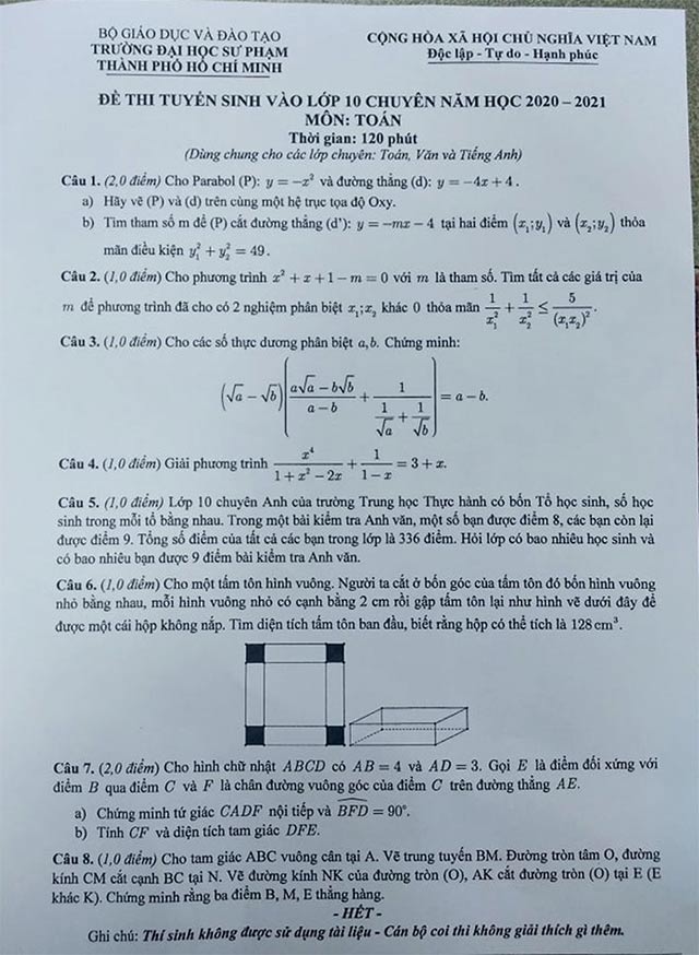 Đề thi tuyển sinh vào lớp 10 môn Toán năm 2020