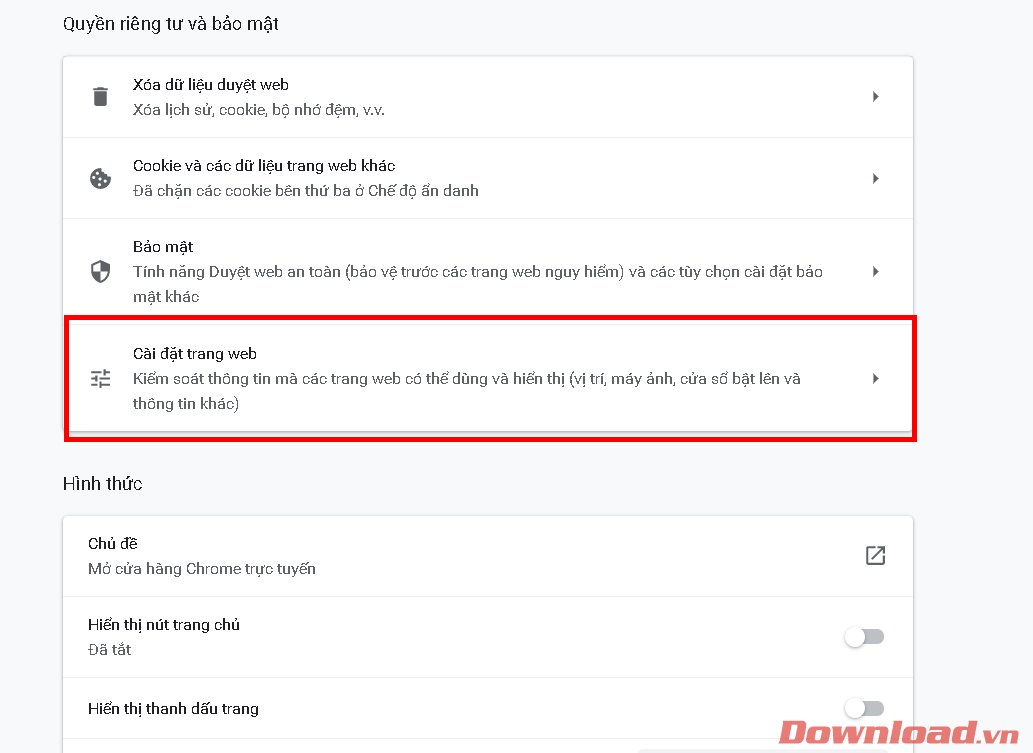 Cài đặt trang web
