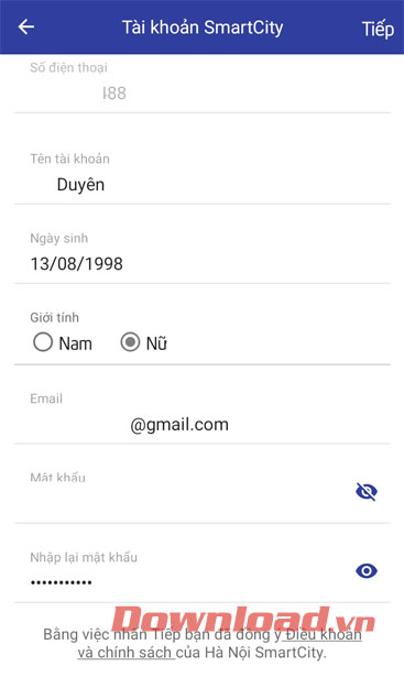 Điền thông tin cá nhân và thiết lập mật khẩu